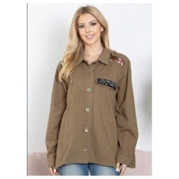 Khaki Button-Up Jacket W/Floral Embroidery & Beaded Pocket Accent -NEW - Picture 4 of 7